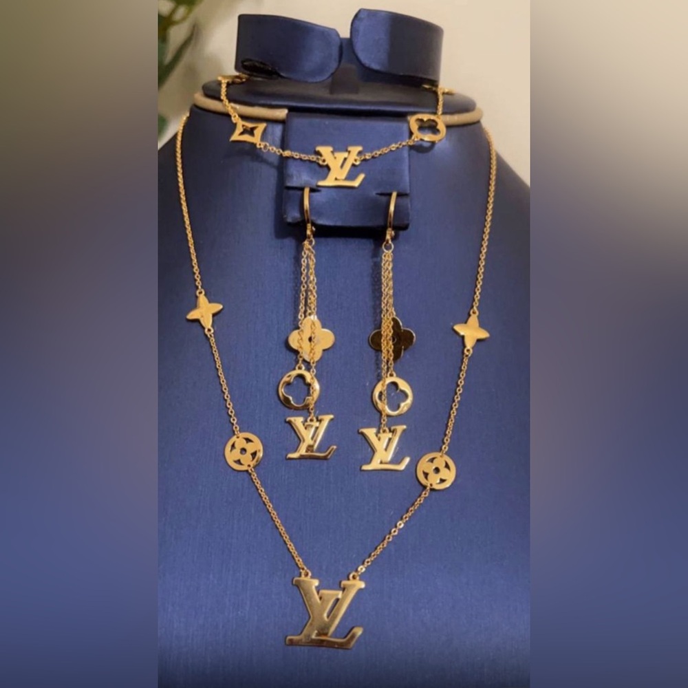Gold Designer Logo Necklace and Earring Set